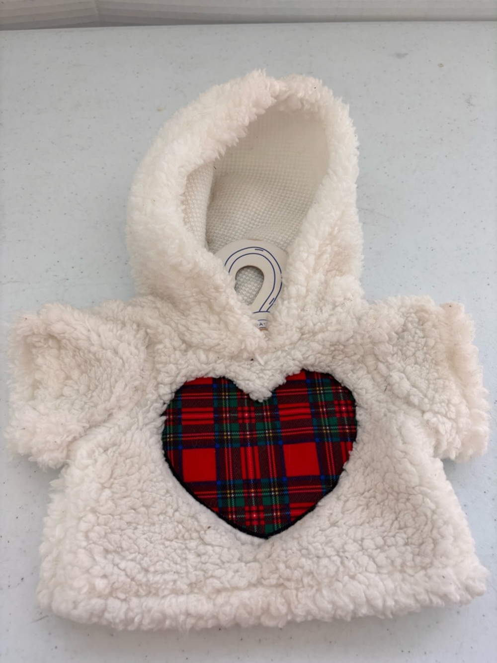 Build-A-Bear Cream Sherpa Hood with Red Plaid Heart